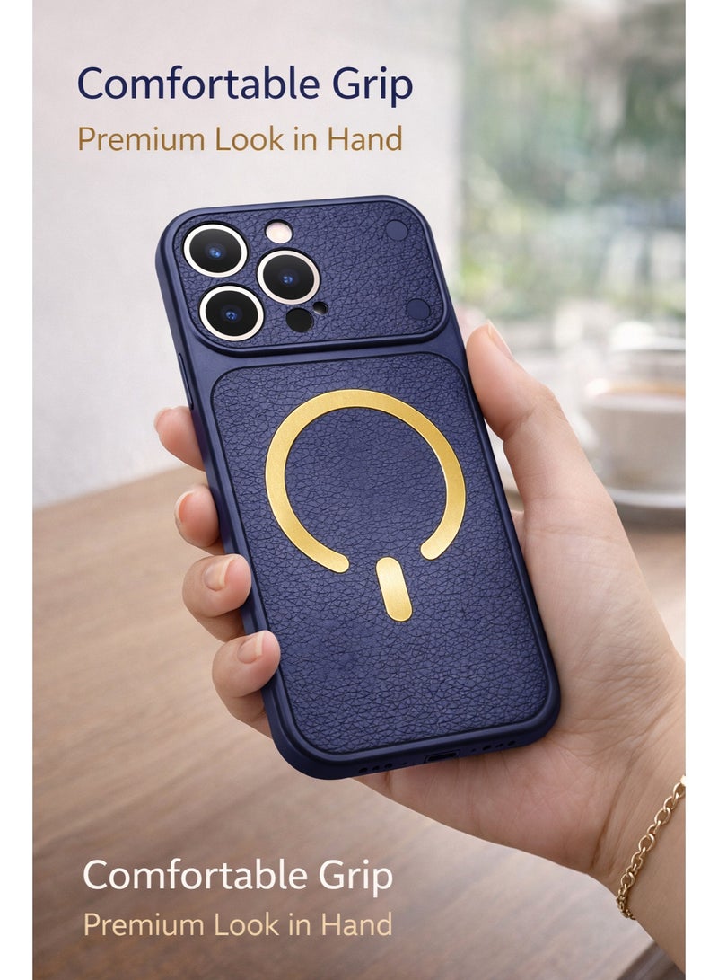 iPhone 16 Pro Max Magnetic Wireless Charging Case – Executive Navy Blue Leather Texture Cover with Gold Ring, Slim Shockproof Back, Premium Camera Protection - Image 5
